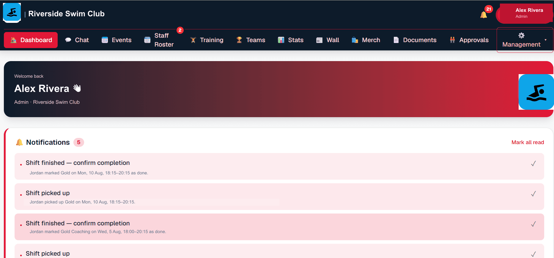Squadino Dashboard screen