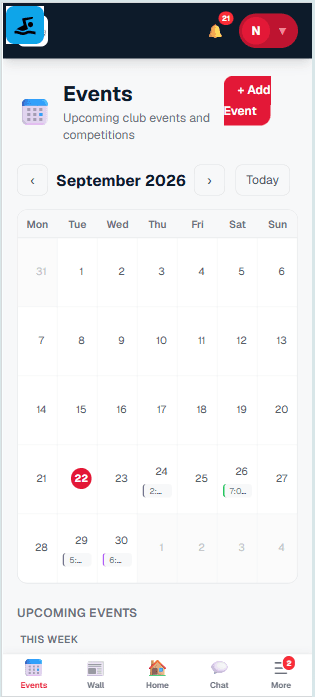 Squadino Events calendar screen